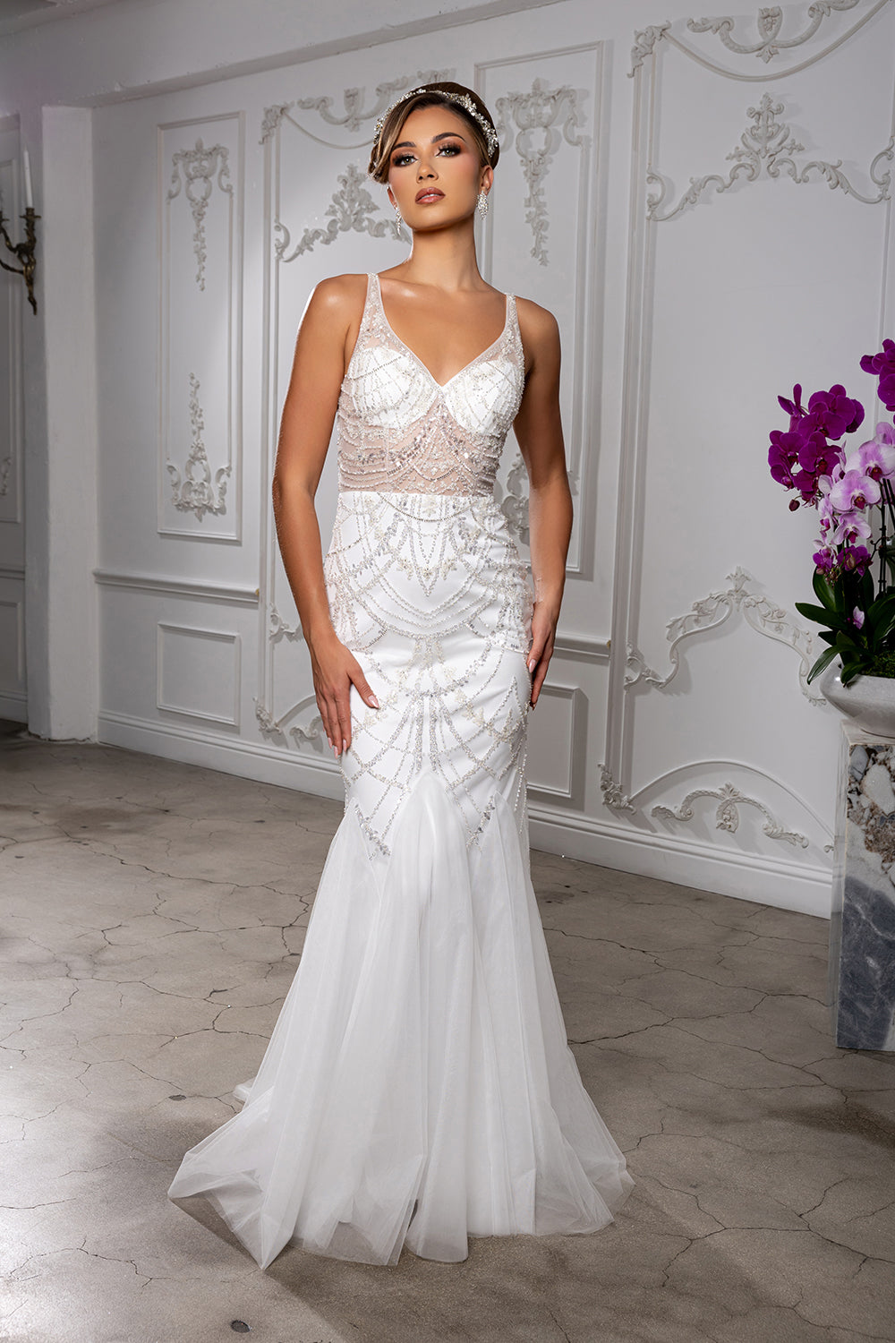Beaded Mermaid Bridal Wedding Gown with Open Back and Sweep Train by Royal Queen RQ8201