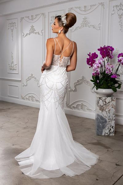 Beaded Mermaid Bridal Wedding Gown with Open Back and Sweep Train by Royal Queen RQ8201