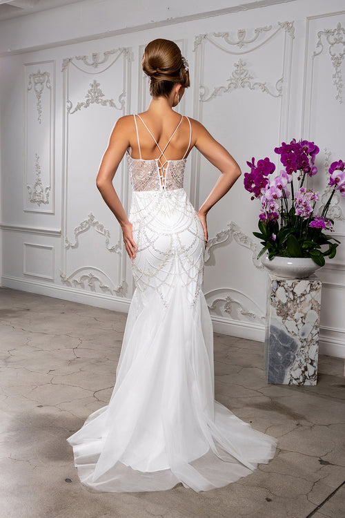 Beaded Mermaid Bridal Wedding Gown with Open Back and Sweep Train by Royal Queen RQ8201