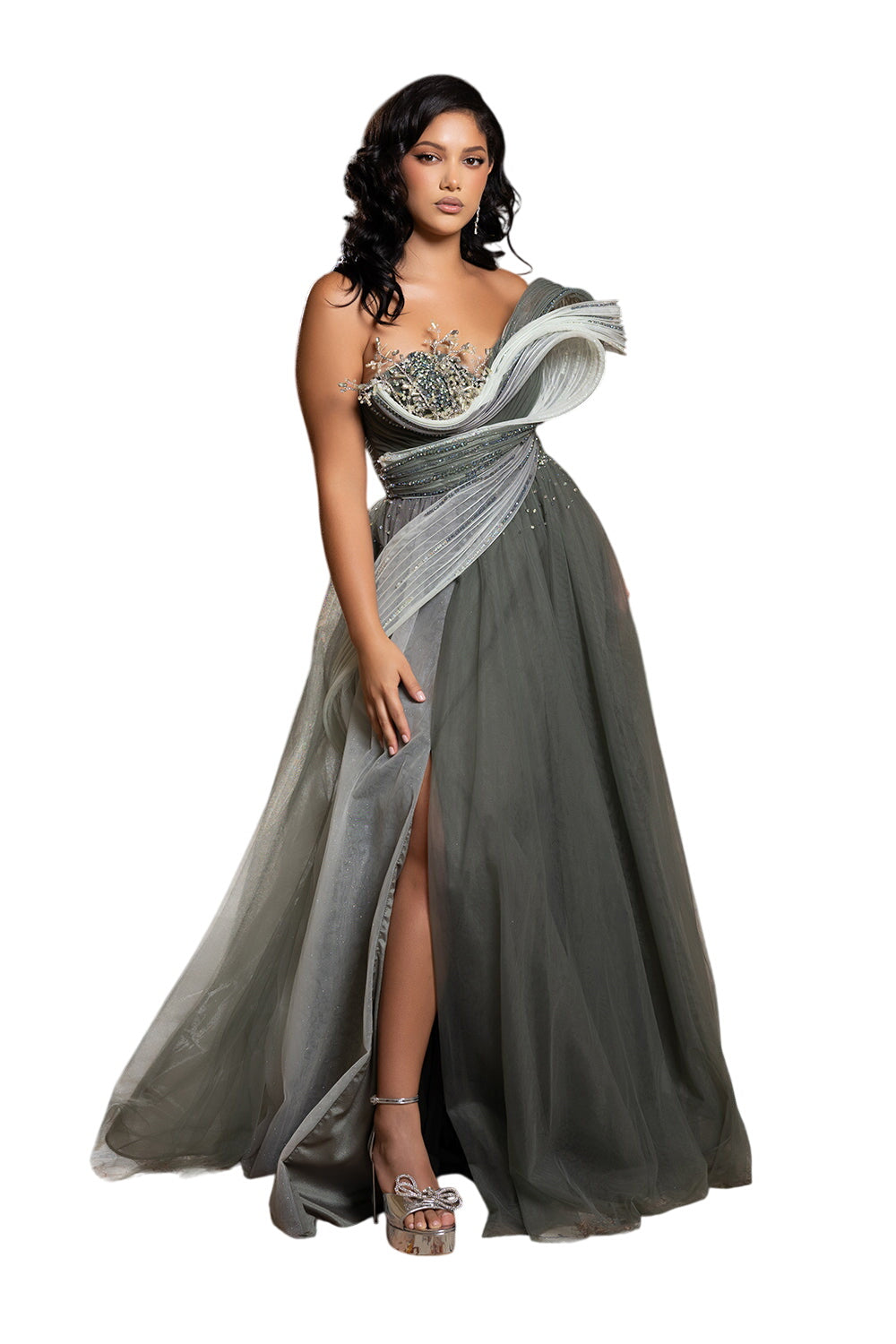 Evening Gown with Beaded Floral Bodice & Sculpted Pleated Detail Formal Prom Dress by Royal Queen RQ8203