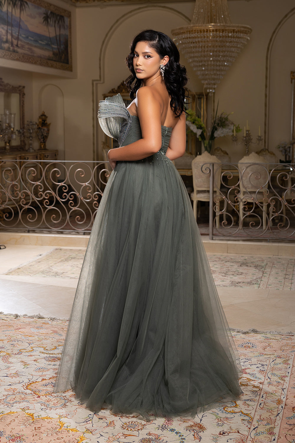 Evening Gown with Beaded Floral Bodice & Sculpted Pleated Detail Formal Prom Dress by Royal Queen RQ8203