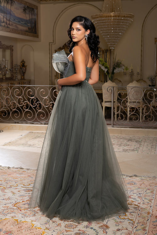 Evening Gown with Beaded Floral Bodice & Sculpted Pleated Detail Formal Prom Dress by Royal Queen RQ8203