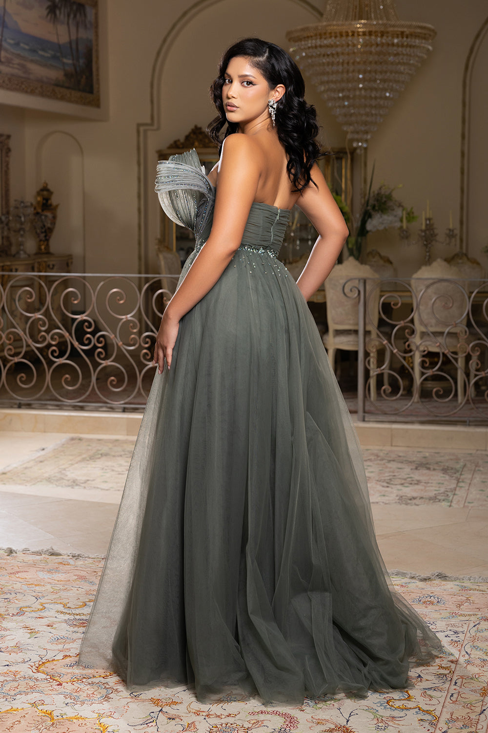 Evening Gown with Beaded Floral Bodice & Sculpted Pleated Detail Formal Prom Dress by Royal Queen RQ8203