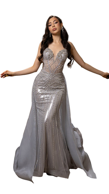 Sparkling Beaded Mermaid Evening Gown with Sheer Corset by Royal Queen RQ8208