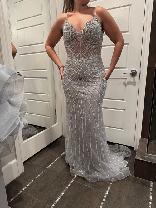 Sparkling Beaded Mermaid Evening Gown with Sheer Corset by Royal Queen RQ8208