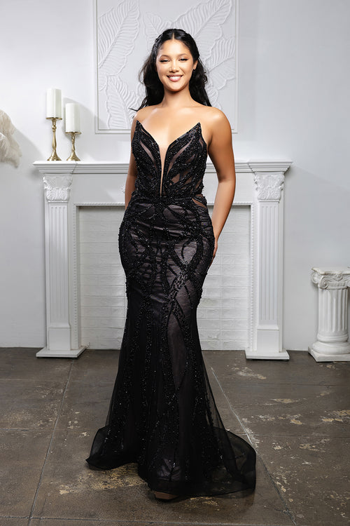 Beaded Mesh Mermaid Evening Gown with Plunging Illusion Bodice & Lace-Up Back – Formal Prom Dress Royal Queen RQ8211