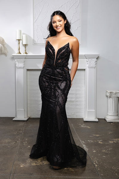 Beaded Mesh Mermaid Evening Gown with Plunging Illusion Bodice & Lace-Up Back – Formal Prom Dress Royal Queen RQ8211