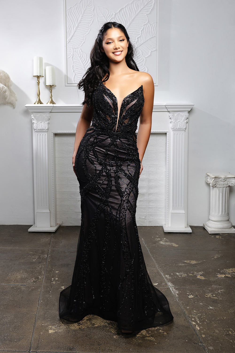 Beaded Mesh Mermaid Evening Gown with Plunging Illusion Bodice & Lace-Up Back – Formal Prom Dress Royal Queen RQ8211