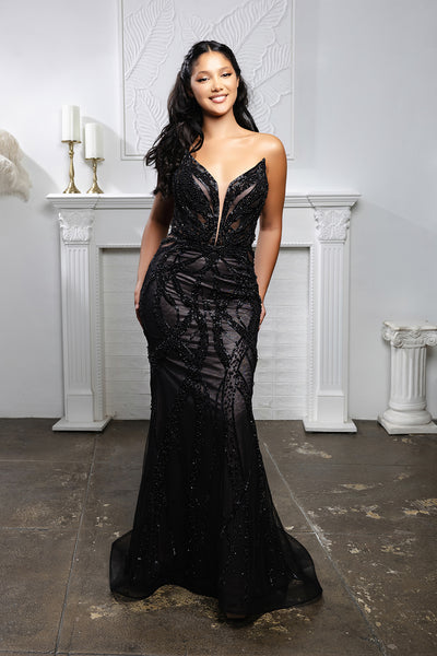 Beaded Mesh Mermaid Evening Gown with Plunging Illusion Bodice & Lace-Up Back – Formal Prom Dress Royal Queen RQ8211