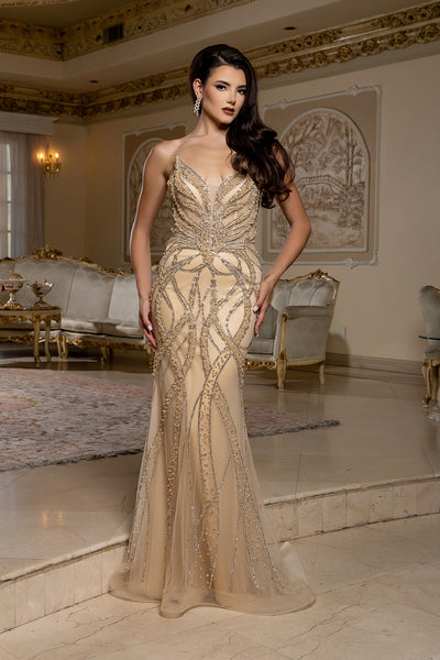 Beaded Mesh Mermaid Evening Gown with Plunging Illusion Bodice & Lace-Up Back – Formal Prom Dress Royal Queen RQ8211