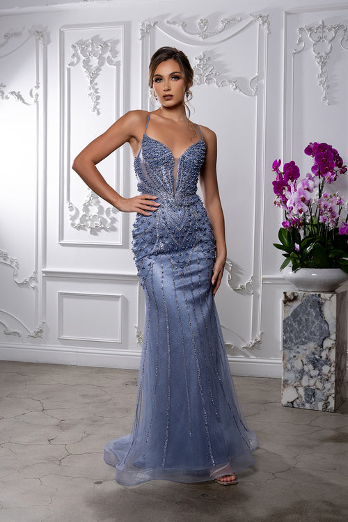 Embellished Mermaid Gown with Deep V-Neck & Lace-Up Back by Royal Queen RQ8212