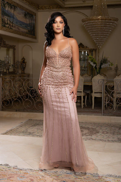 Embellished Mermaid Gown with Deep V-Neck & Lace-Up Back by Royal Queen RQ8212