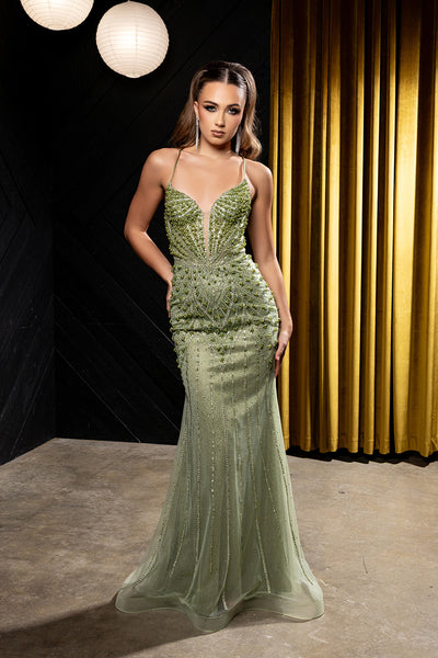 Embellished Mermaid Gown with Deep V-Neck & Lace-Up Back by Royal Queen RQ8212