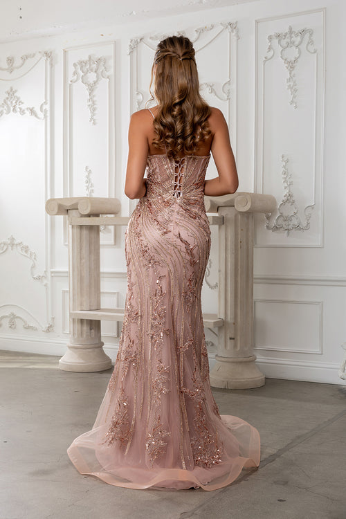 Mermaid Evening Gown Sparkling Dress with Illusion V-Neck Lace Up Back by Royal Queen RQ8213