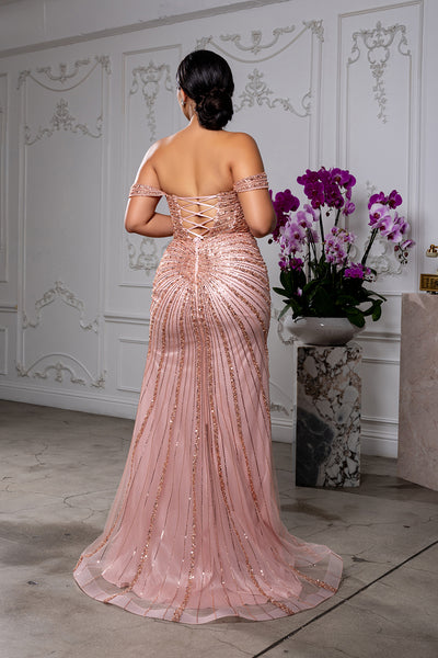 Off The Shoulder Sequin Mermaid Formal Gown with Lace Up Back by Royal Queen RQ8214