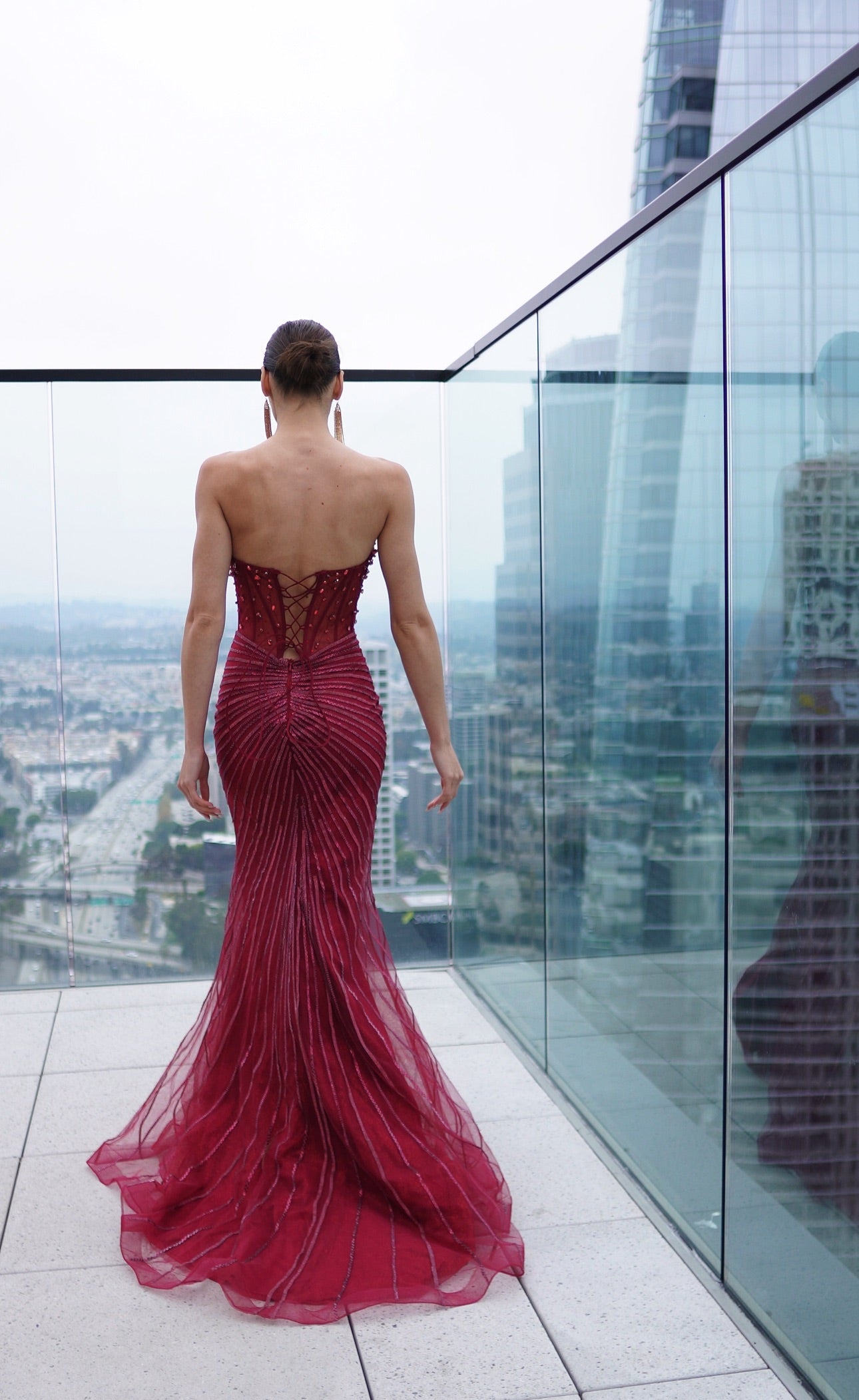 Strapless Beaded Corset Mermaid Evening Gown with High Slit & Lace Up Back by Royal Queen RQ8216