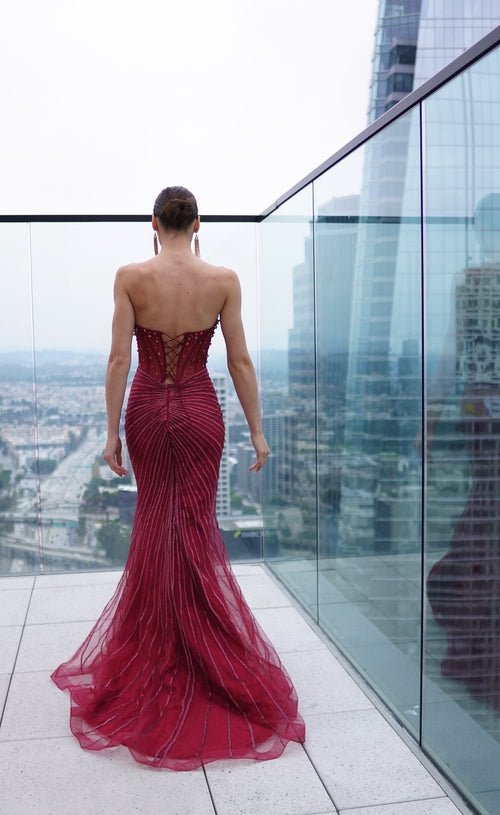 Strapless Beaded Corset Mermaid Evening Gown with High Slit & Lace Up Back by Royal Queen RQ8216