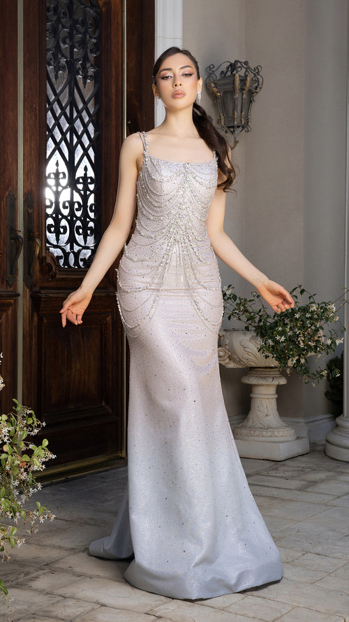 Sterling Silver Mermaid Gown with Draped Crystal Chains Ideal for Prom & Formal Event by Royal Queen RQ8220