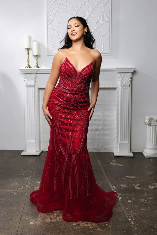 Beaded Mermaid Evening Prom Gown Lace-Up Back Illusion Mesh Bodice by Royal Queen RQ8223