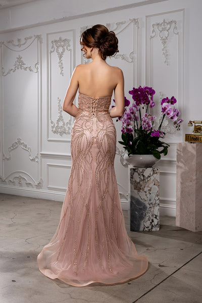 Beaded Mermaid Evening Prom Gown Lace-Up Back Illusion Mesh Bodice by Royal Queen RQ8223