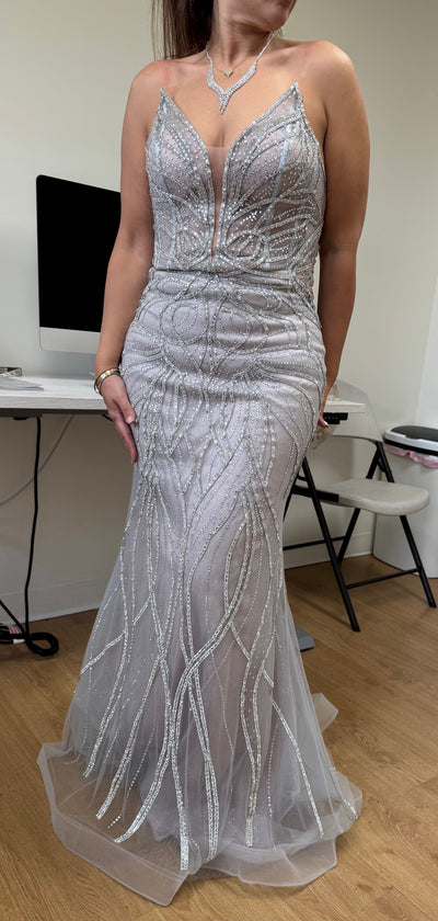 Beaded Mermaid Evening Prom Gown Lace-Up Back Illusion Mesh Bodice by Royal Queen RQ8223