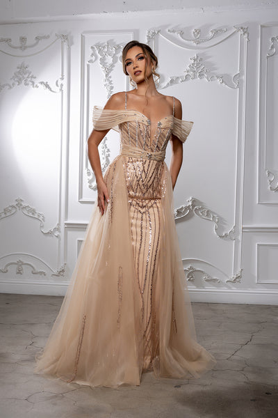 Sequin Evening Gown with Sheer Corset Bodice & Flowing Tulle Overskirt by Royal Queen RQ8224