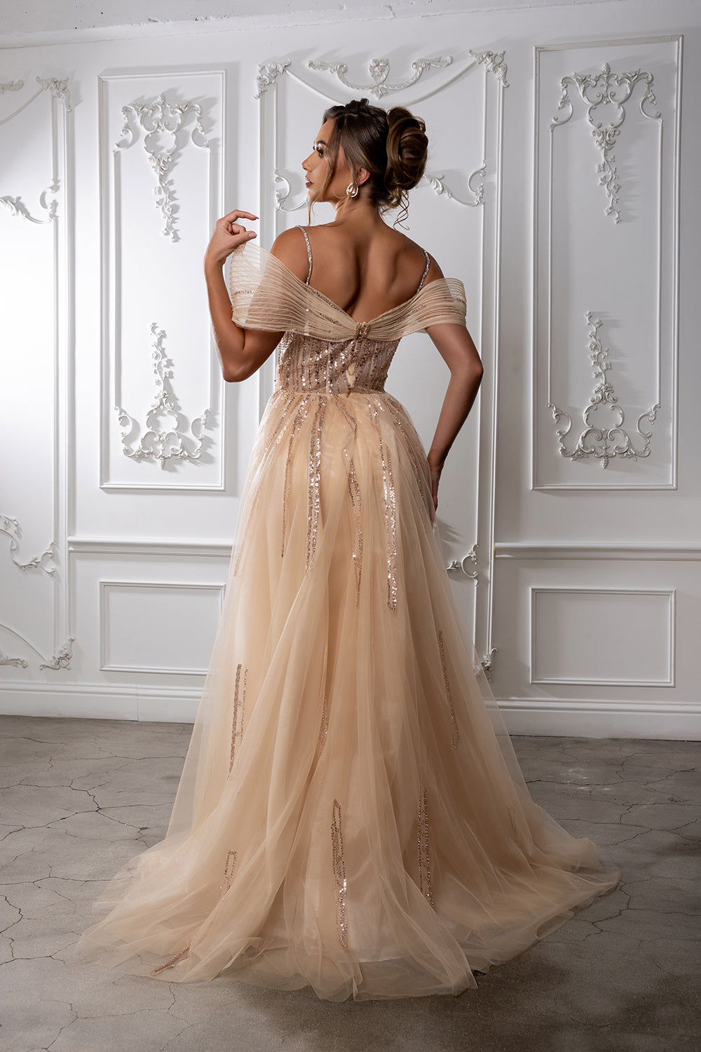 Sequin Evening Gown with Sheer Corset Bodice & Flowing Tulle Overskirt by Royal Queen RQ8224