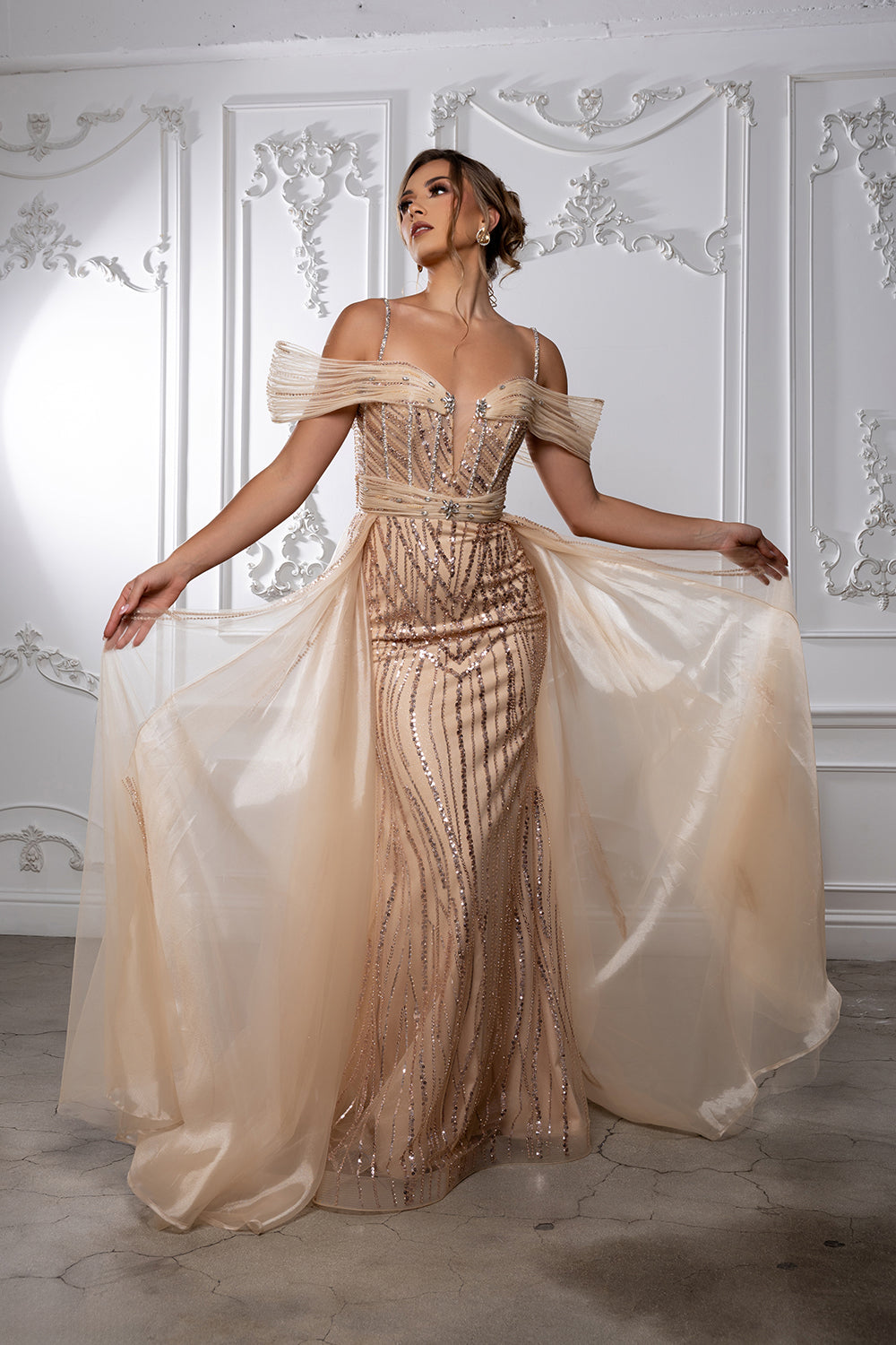 Sequin Evening Gown with Sheer Corset Bodice & Flowing Tulle Overskirt by Royal Queen RQ8224