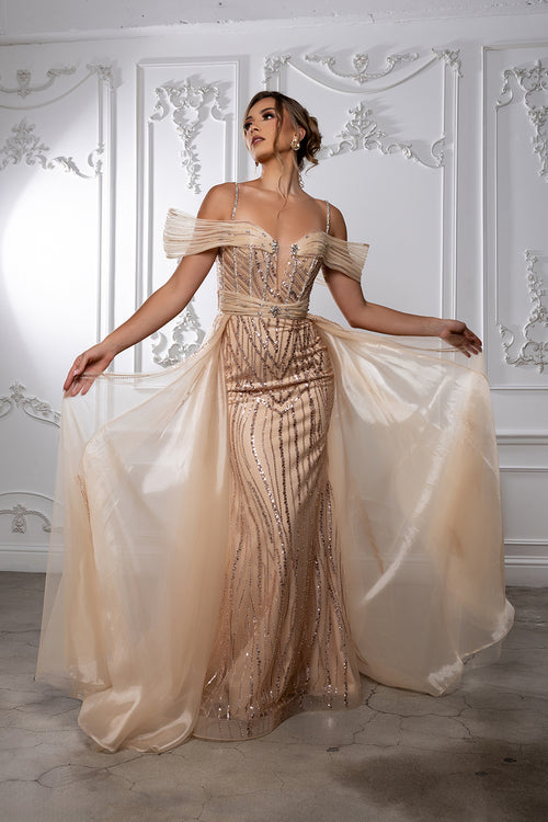 Sequin Evening Gown with Sheer Corset Bodice & Flowing Tulle Overskirt by Royal Queen RQ8224