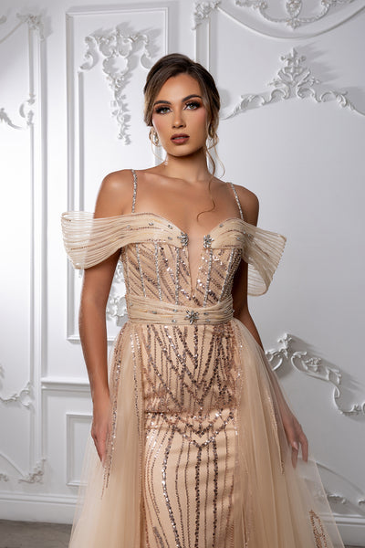 Sequin Evening Gown with Sheer Corset Bodice & Flowing Tulle Overskirt by Royal Queen RQ8224
