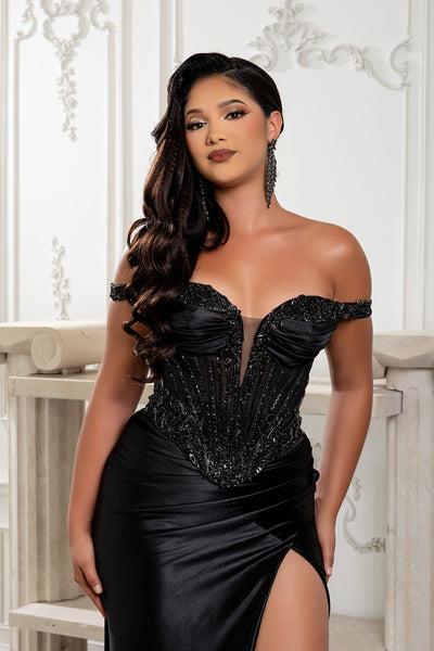 Satin Corset Dress with Beaded Bodice Off Shoulder Straps & Thigh-High Slit by Royal Queen RQ8227