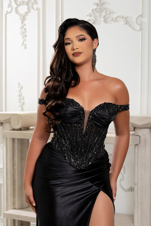 Satin Corset Dress with Beaded Bodice Off Shoulder Straps & Thigh-High Slit by Royal Queen RQ8227