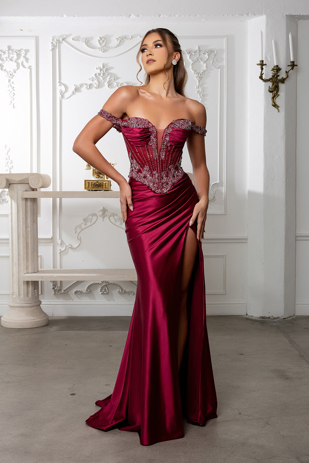 Satin Corset Dress with Beaded Bodice Off Shoulder Straps & Thigh-High Slit by Royal Queen RQ8227