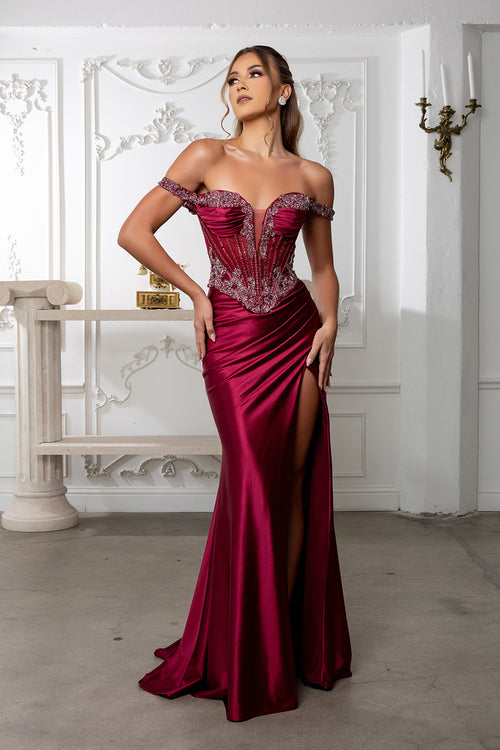 Satin Corset Dress with Beaded Bodice Off Shoulder Straps & Thigh-High Slit by Royal Queen RQ8227