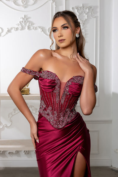 Satin Corset Dress with Beaded Bodice Off Shoulder Straps & Thigh-High Slit by Royal Queen RQ8227