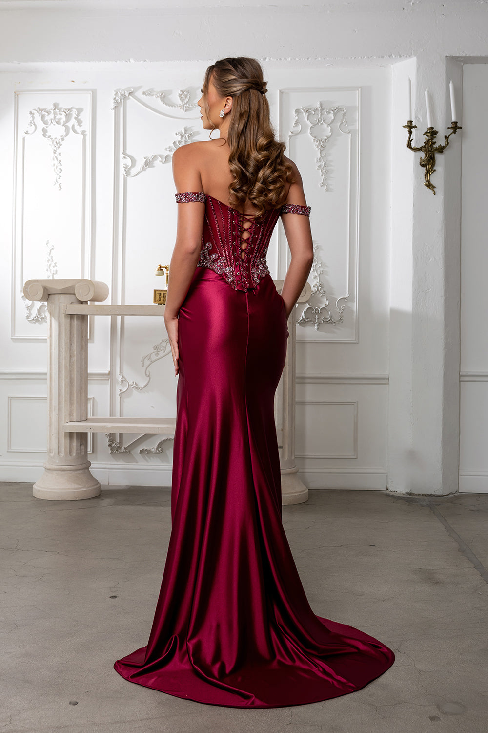 Satin Corset Dress with Beaded Bodice Off Shoulder Straps & Thigh-High Slit by Royal Queen RQ8227