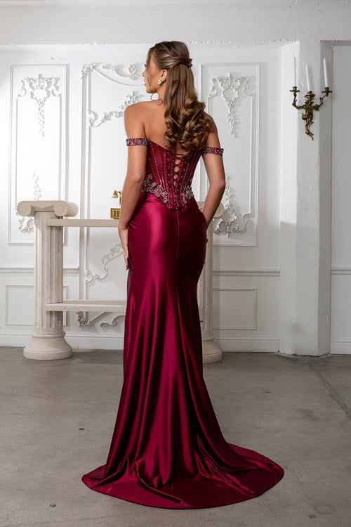 Satin Corset Dress with Beaded Bodice Off Shoulder Straps & Thigh-High Slit by Royal Queen RQ8227