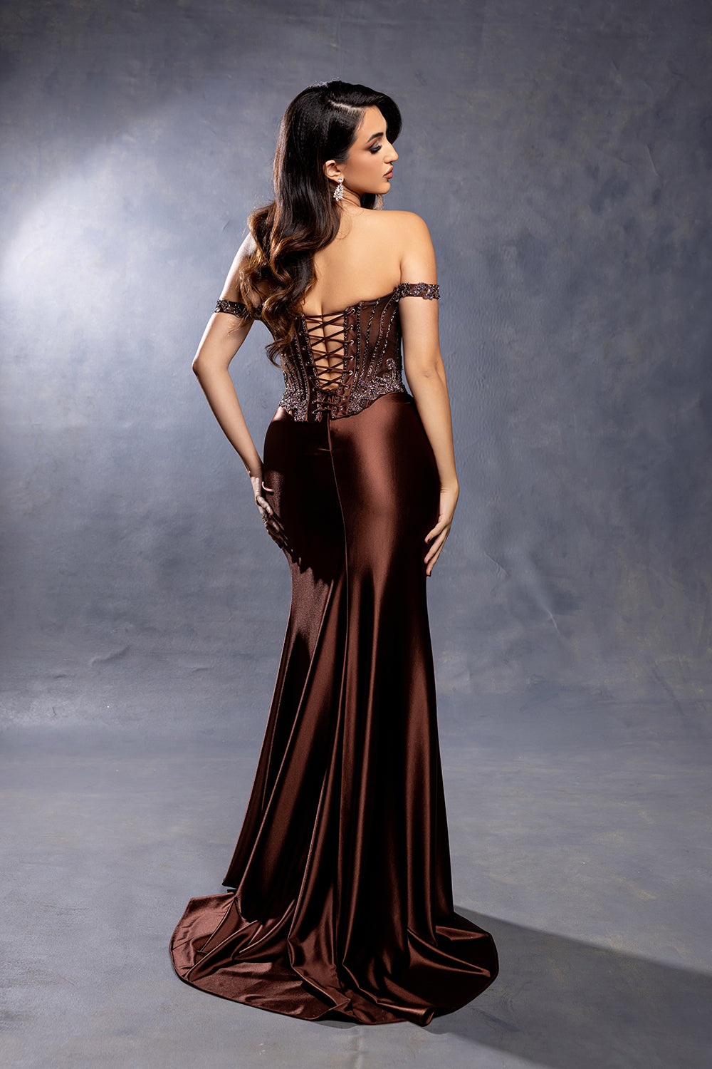 Satin Corset Dress with Beaded Bodice Off Shoulder Straps & Thigh-High Slit by Royal Queen RQ8227