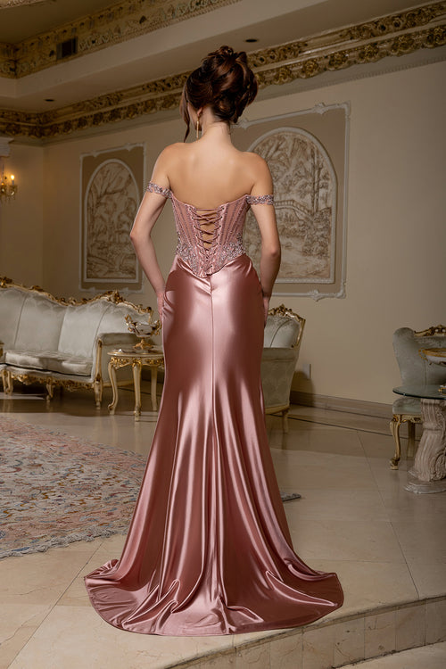 Satin Corset Dress with Beaded Bodice Off Shoulder Straps & Thigh-High Slit by Royal Queen RQ8227