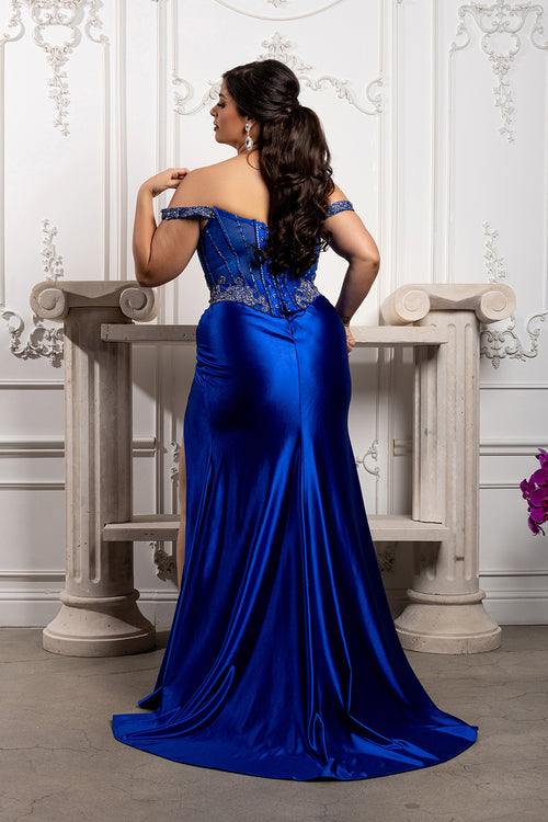 Satin Corset Dress with Beaded Bodice Off Shoulder Straps & Thigh-High Slit by Royal Queen RQ8227