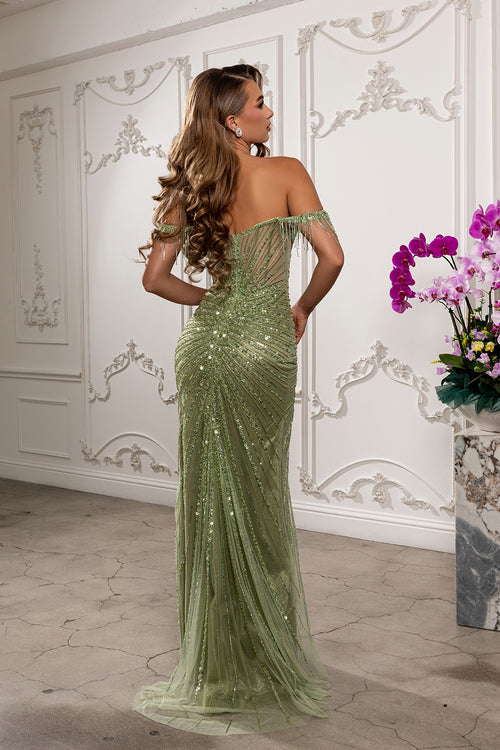 Off Shoulder Beaded Sheath Evening Gown Sweetheart Corset Prom Dress by Royal Queen RQ8231