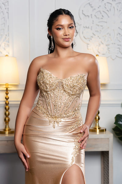 Beaded Corset Dress with High Slit Strapless Embellished Evening Gown by Royal Queen RQ8232
