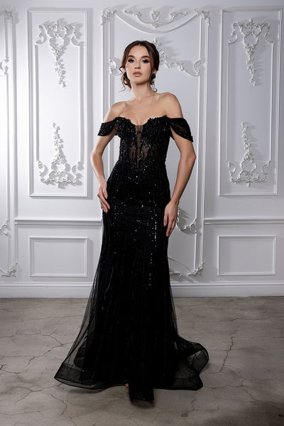 Off Shoulder Beaded Corset Bodice Lace-Up Back Formal Prom Dress by Royal Queen RQ8233B