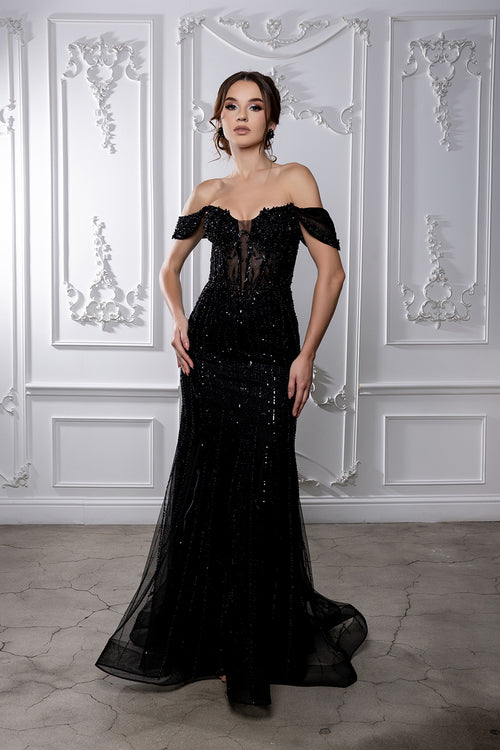 Off Shoulder Beaded Corset Bodice Lace-Up Back Formal Prom Dress by Royal Queen RQ8233B