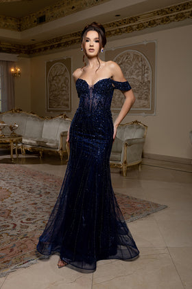 Off-Shoulder Beaded Evening Gown with Illusion Corset Bodice & Lace-Up Back by Royal Queen RQ8233