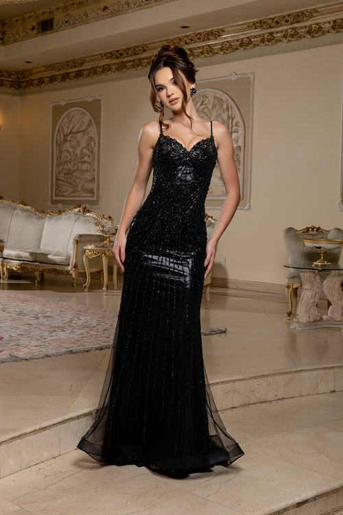 Beaded Corset Evening Gown with Spaghetti Straps Formal Prom & Black Tie Dress by Royal Queen RQ8235