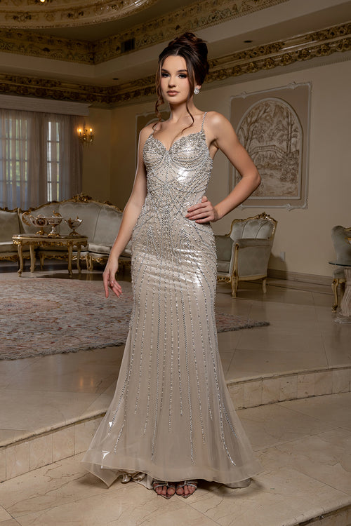 Beaded Corset Evening Gown with Spaghetti Straps Formal Prom & Black Tie Dress by Royal Queen RQ8235