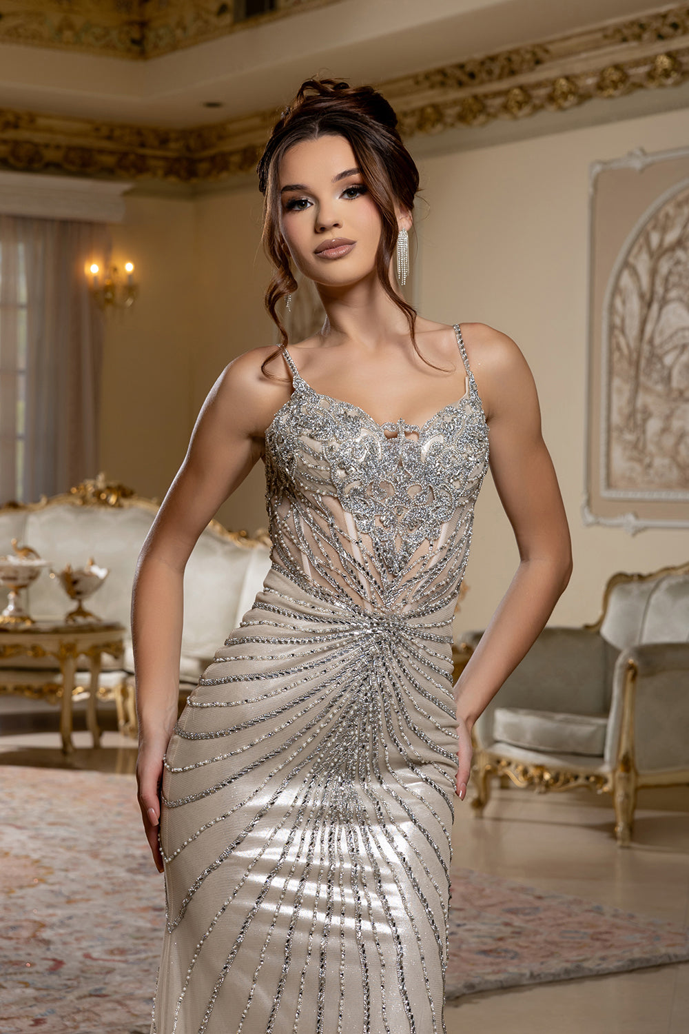 Beaded Spaghetti Strap Mermaid Evening Gown with Illusion Bodice by Royal Queen RQ8236 