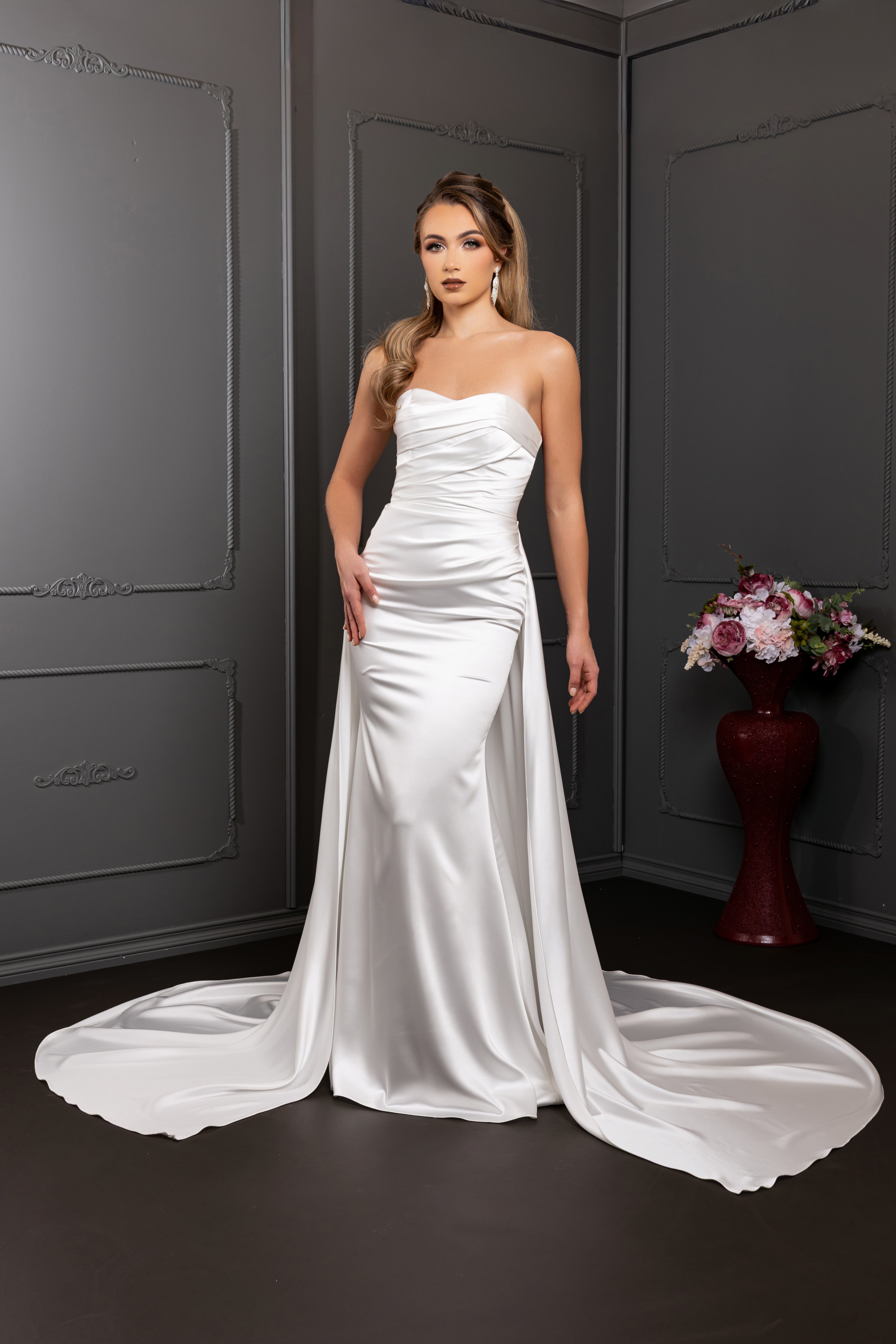 Strapless Sweetheart Pleated Bodice Mermaid Overskirt Wedding Dress by Royal Queen RQ8238
