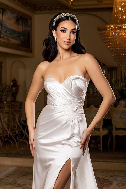 Sleeveless Satin Sheath Wedding Dress with Sweetheart Neckline with Slit by Royal Queen RQ8239